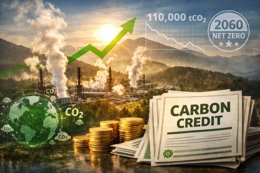 Ilustrasi pembangkit panas bumi dengan konsep kredit karbon dan target net zero emission 2060